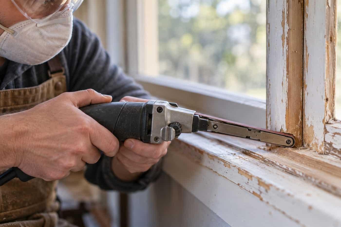 A narrow belt file sander removing paint from the inside corner of a wooden window frame
