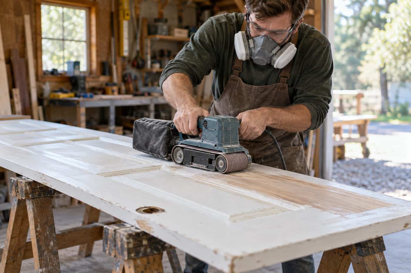 A belt sander removing paint from a door laid flat on sawhorses, the operator in a respirator and safety glasses