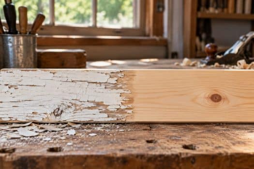 A pine board with peeling white paint on one half and the paint removed with a sander on the other, showing bare wood