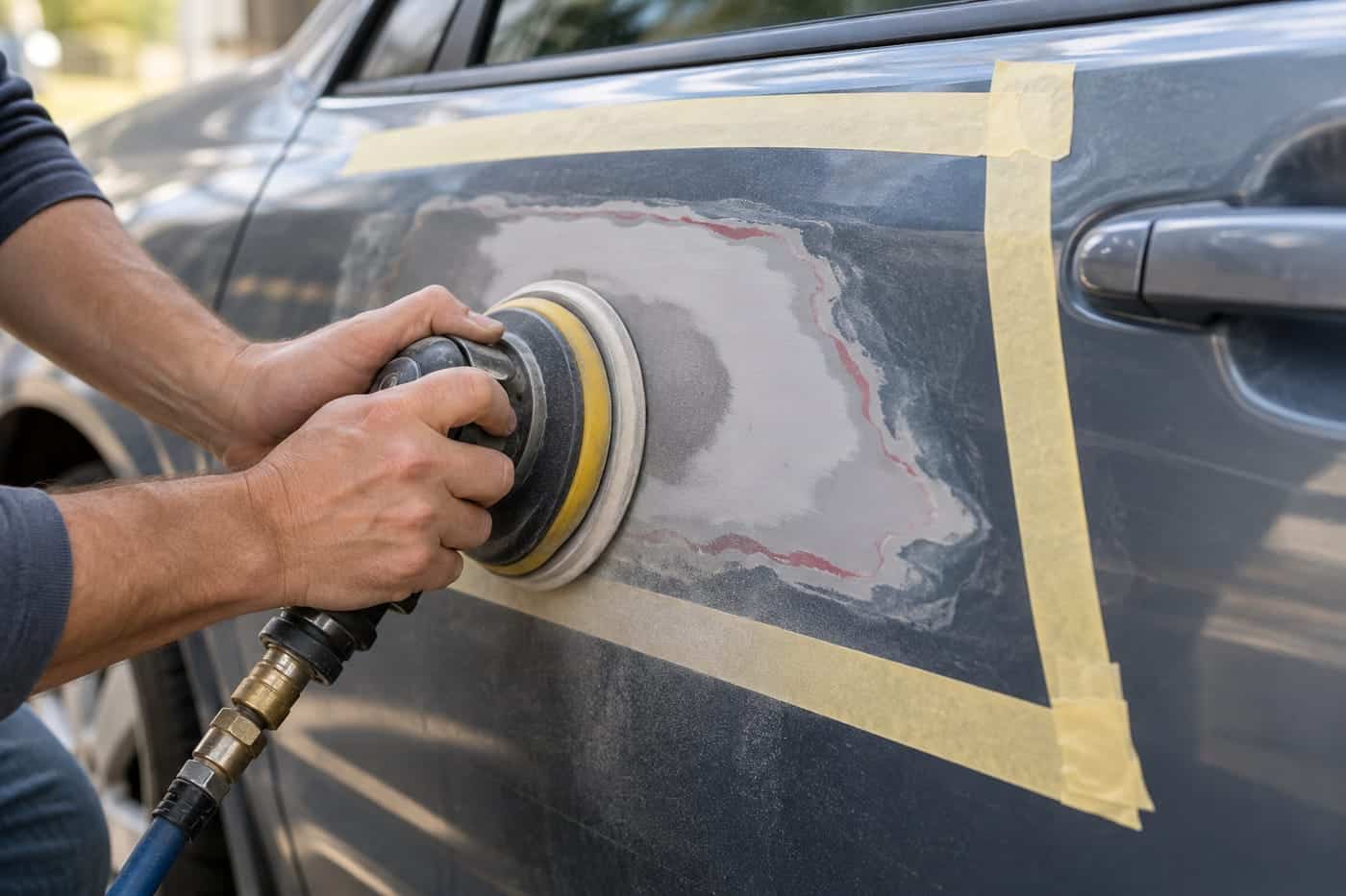 A dual-action sander feathering a sanded patch of car paint on a masked-off door panel