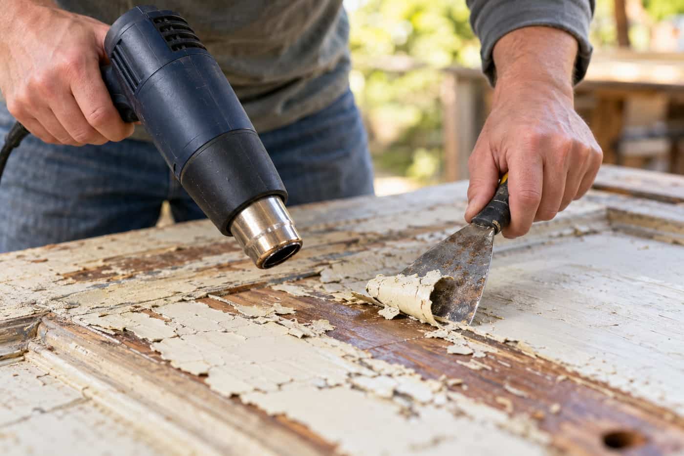 A heat gun softening thick paint on a wooden panel while a scraper lifts it away