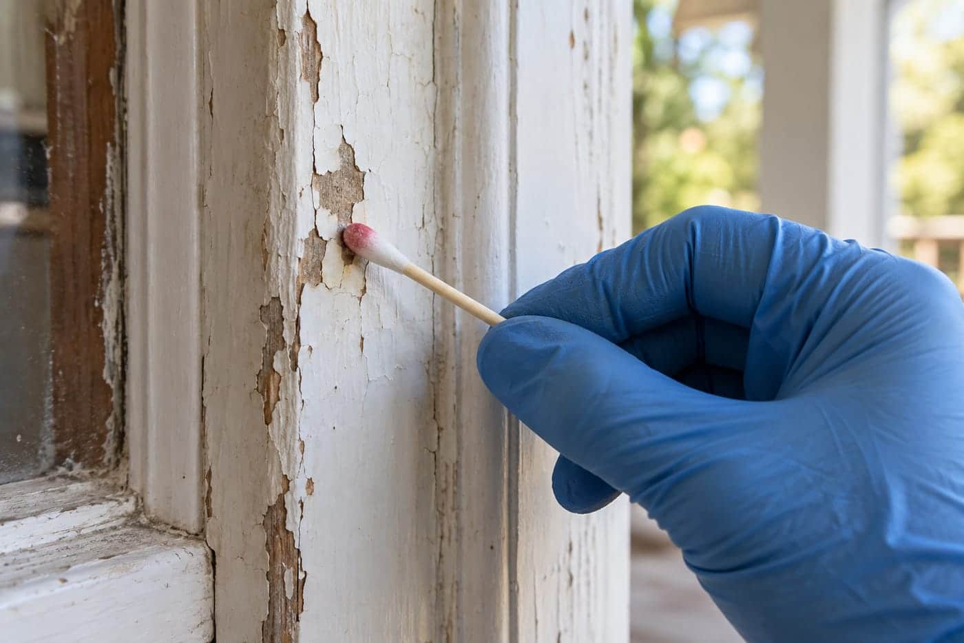 A gloved hand pressing a lead test swab against chipped paint on an old wooden door frame before removing the paint