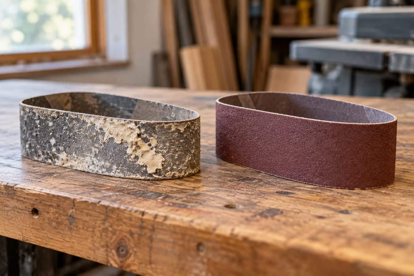 A sanding belt clogged with paint next to a clean new belt