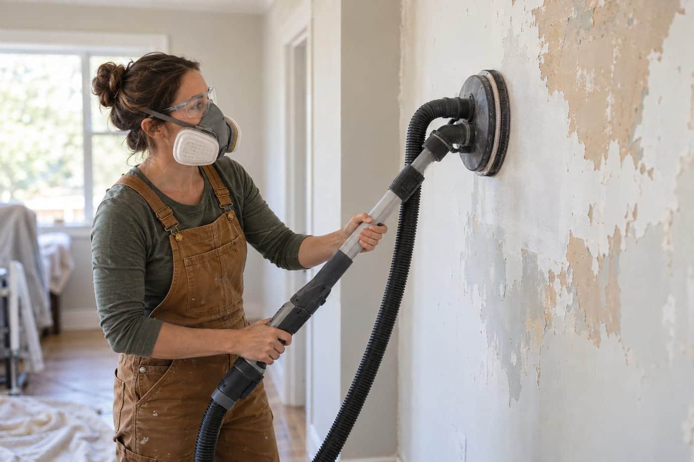 A woman in a respirator using a pole sander with a vacuum hose to feather peeling paint on an interior wall