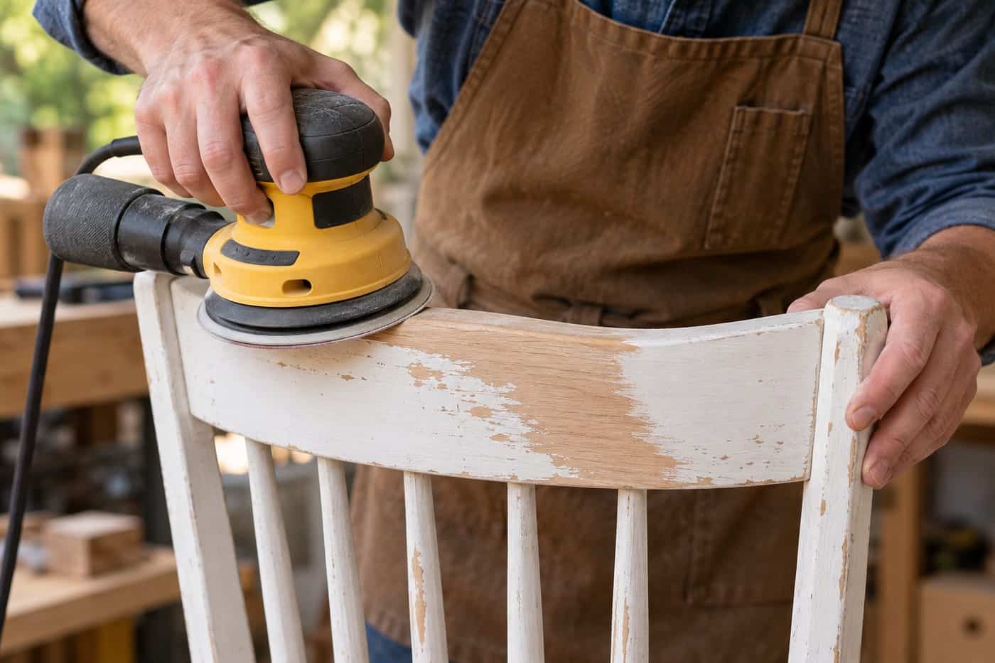 A random orbital sander removing paint from the curved back rail of a wooden chair