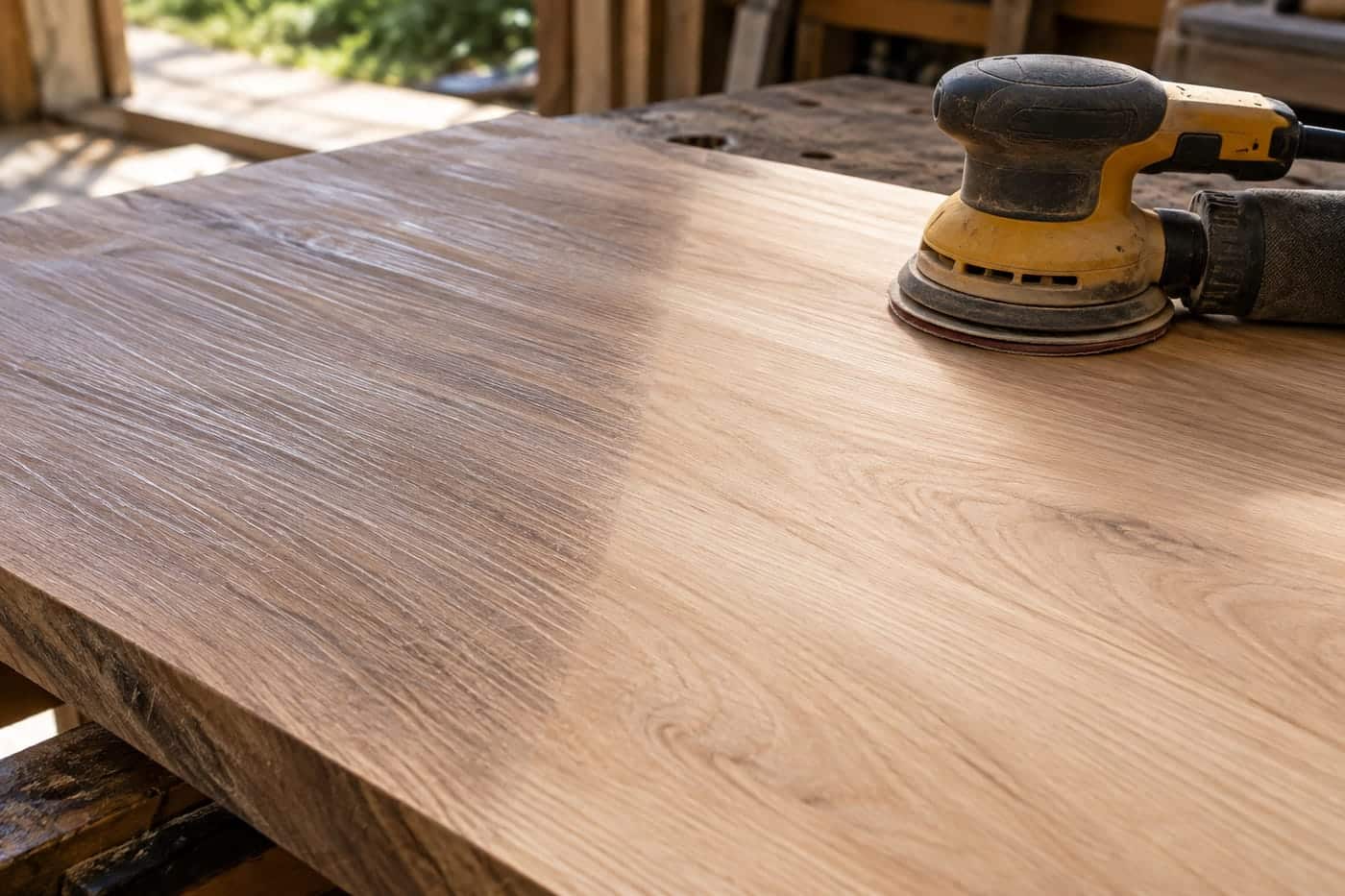 A random orbital sander resting on smoothly sanded bare wood after the paint has been removed