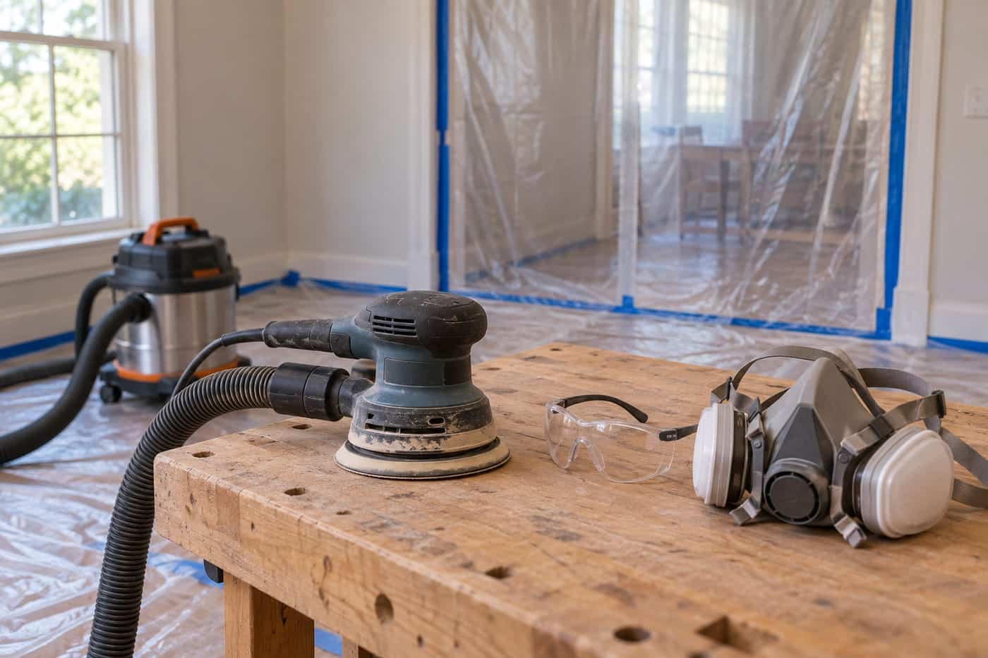 A room sealed with plastic sheeting for paint removal, a random orbital sander hooked to a shop vac, respirator and safety glasses on the bench