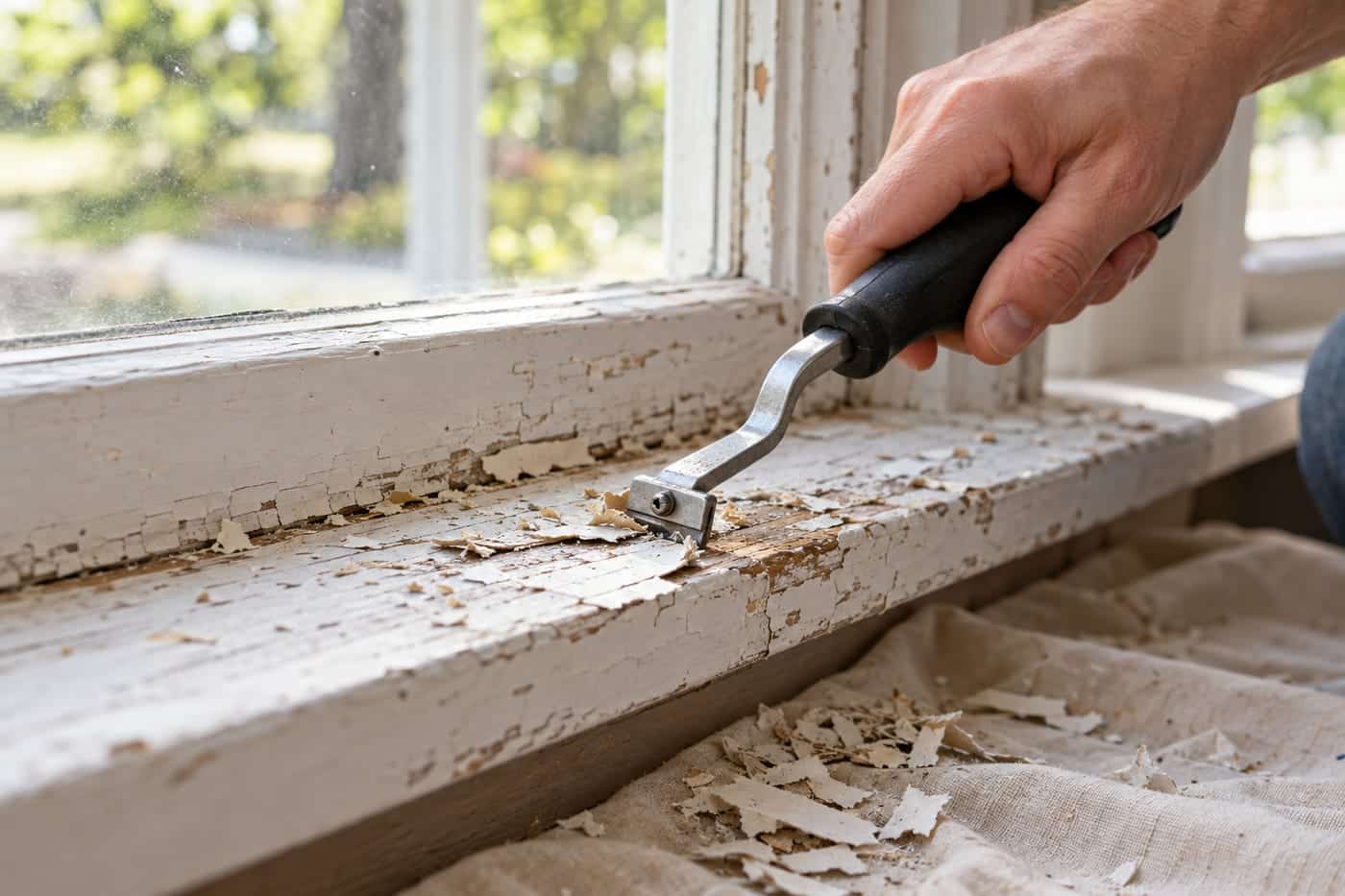 A carbide scraper lifting flaking paint off a wooden window sill before sanding