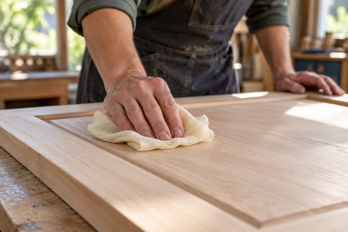 Wiping smooth, paint-free bare wood with a tack cloth before priming