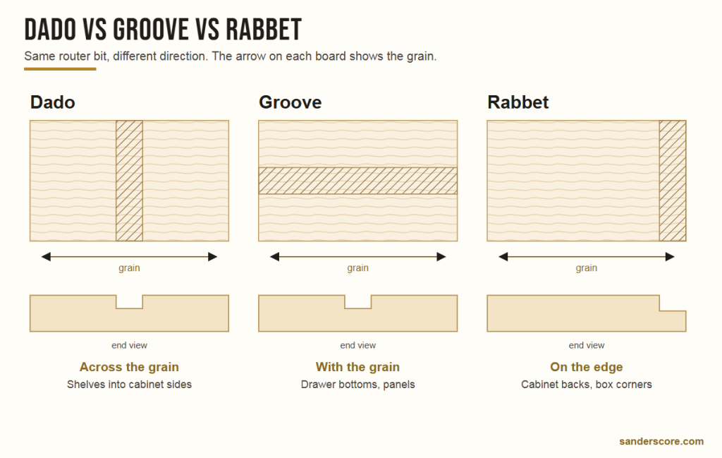 Dado vs groove vs rabbet: a dado runs across the grain, a groove with the grain, a rabbet along the edge