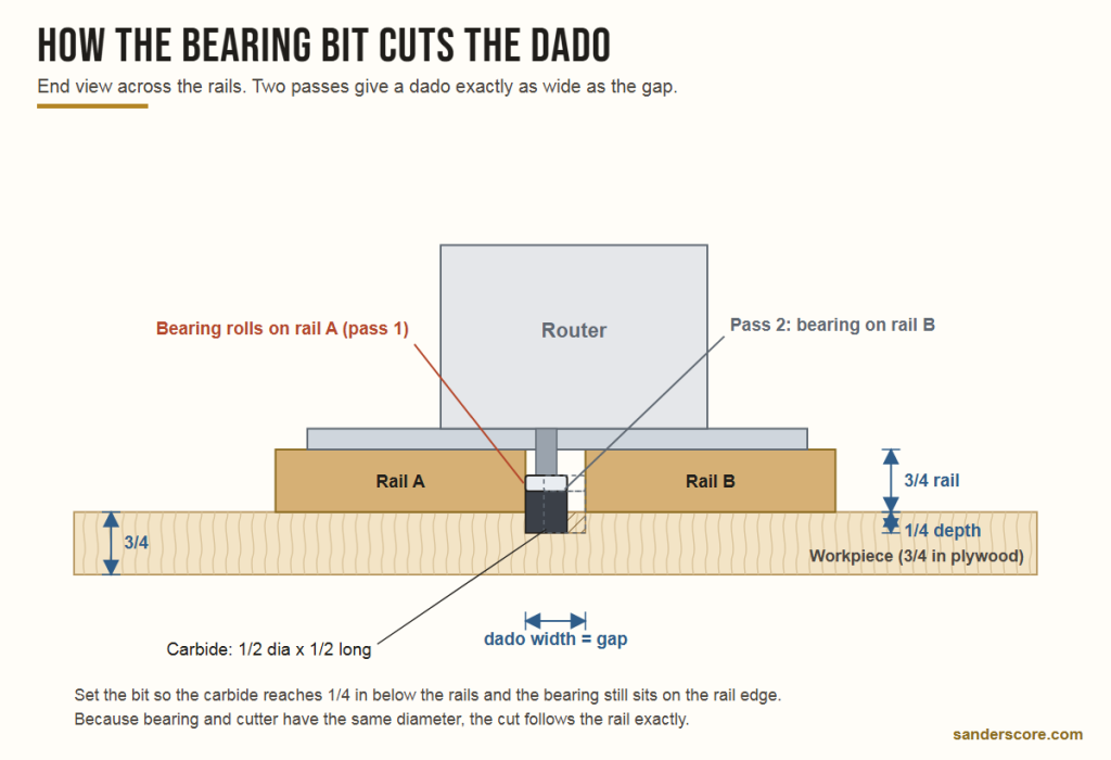 Router dado jig cross-section: a top-bearing pattern bit rides on each rail to cut a dado as wide as the gap