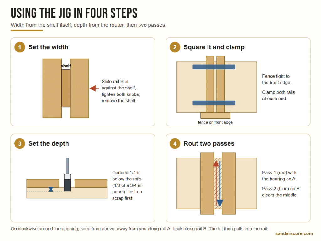 Four steps to use a router dado jig: set width with the shelf, clamp, set 1/4 inch depth, rout two passes
