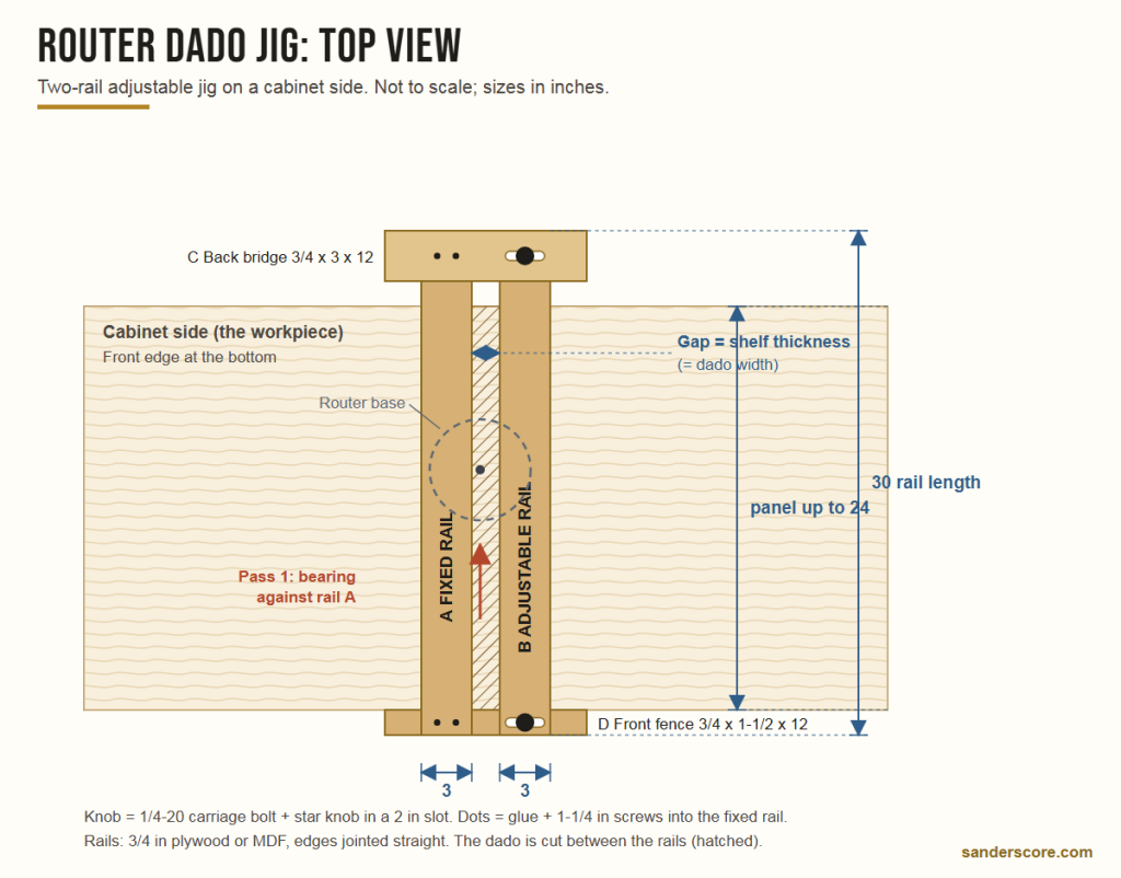 Router dado jig plan, top view: two 3 x 30 inch rails, back bridge and front fence, gap set to the shelf thickness