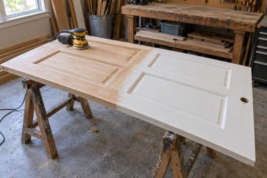 A panel door laid flat on sawhorses with half its surface sanded to bare wood and a random orbital sander resting on it