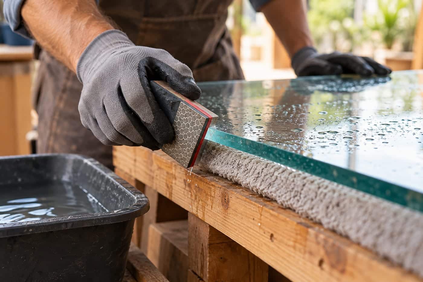 Sanding a glass edge: a gloved hand running a diamond hand pad along the wet edge of a cut glass sheet