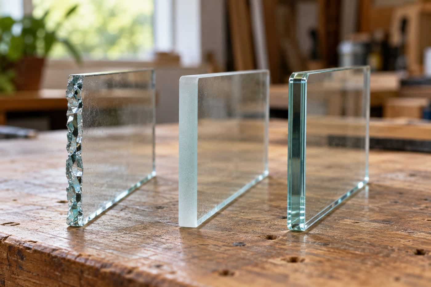 Three glass offcuts showing an edge going from chipped and raw to frosted to clear and polished