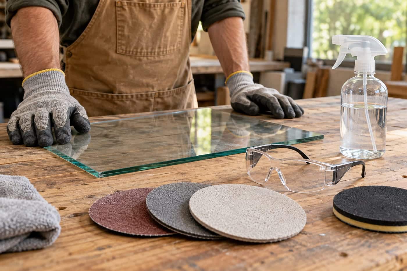 Glass sanding safety gear: work gloves, safety glasses, a water spray bottle and sanding discs laid out beside a glass sheet