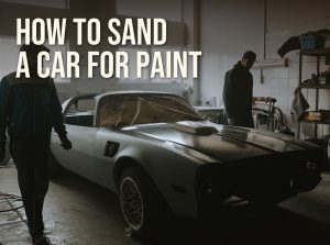 How to sand a car for paint: a masked classic car with primer patches in a body shop