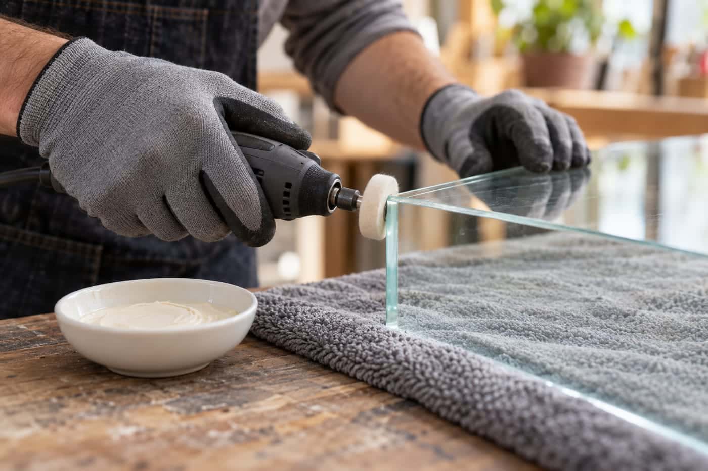 A felt polishing pad on a rotary tool bringing a sanded glass edge back to clear, with polishing compound in a dish