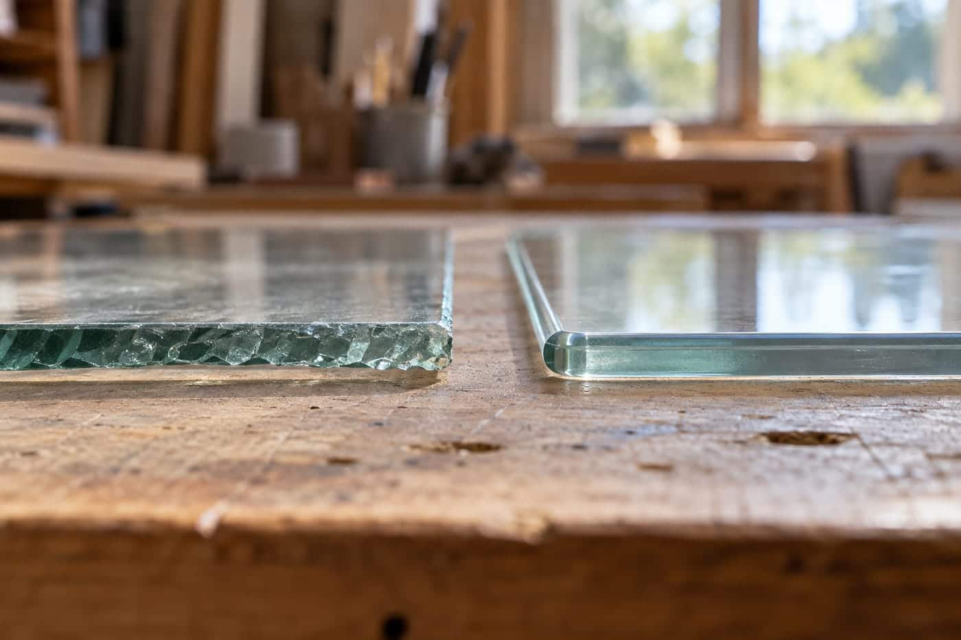 A raw chipped glass edge next to a smooth, sanded and polished glass edge