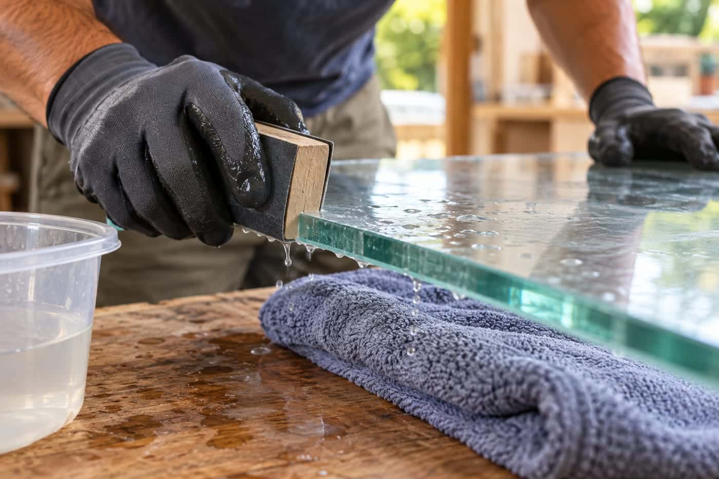 Wet-dry sandpaper on a wooden block smoothing the edge of a glass sheet resting on a towel