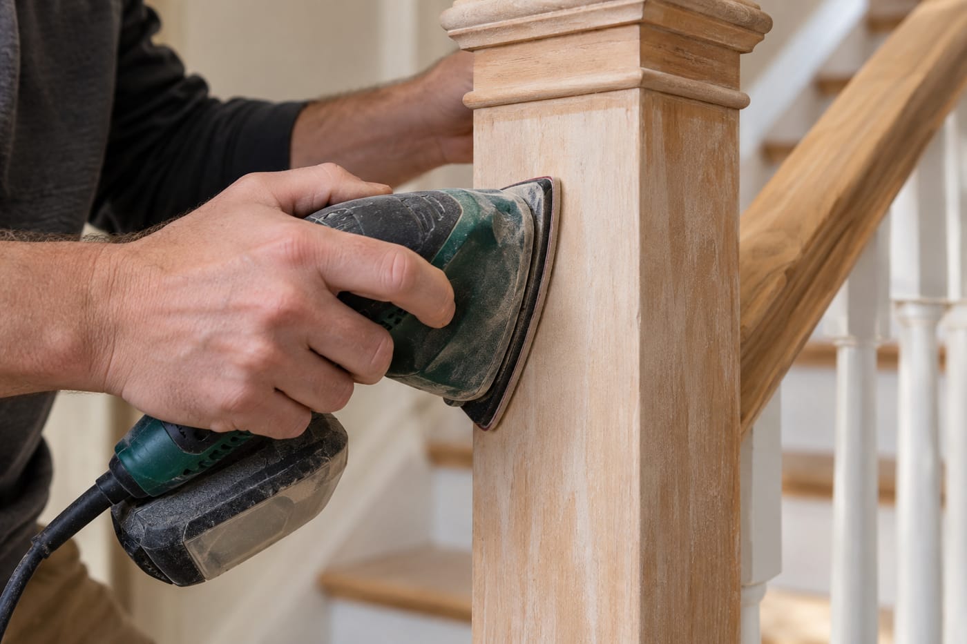 A detail sander on the flat face of a wooden banister newel post