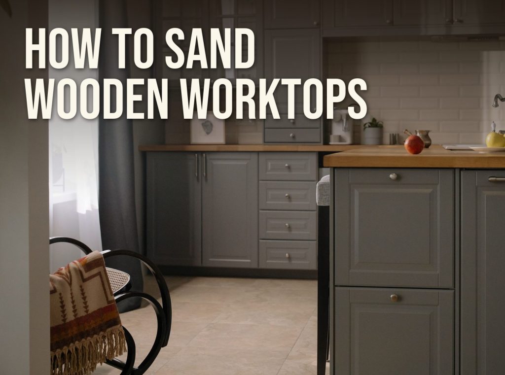 How to sand wooden worktops: a kitchen with solid wood worktops on grey cabinets