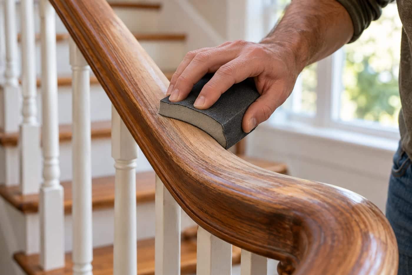 Sanding a stair railing: a sanding sponge following the curved profile of a wooden handrail