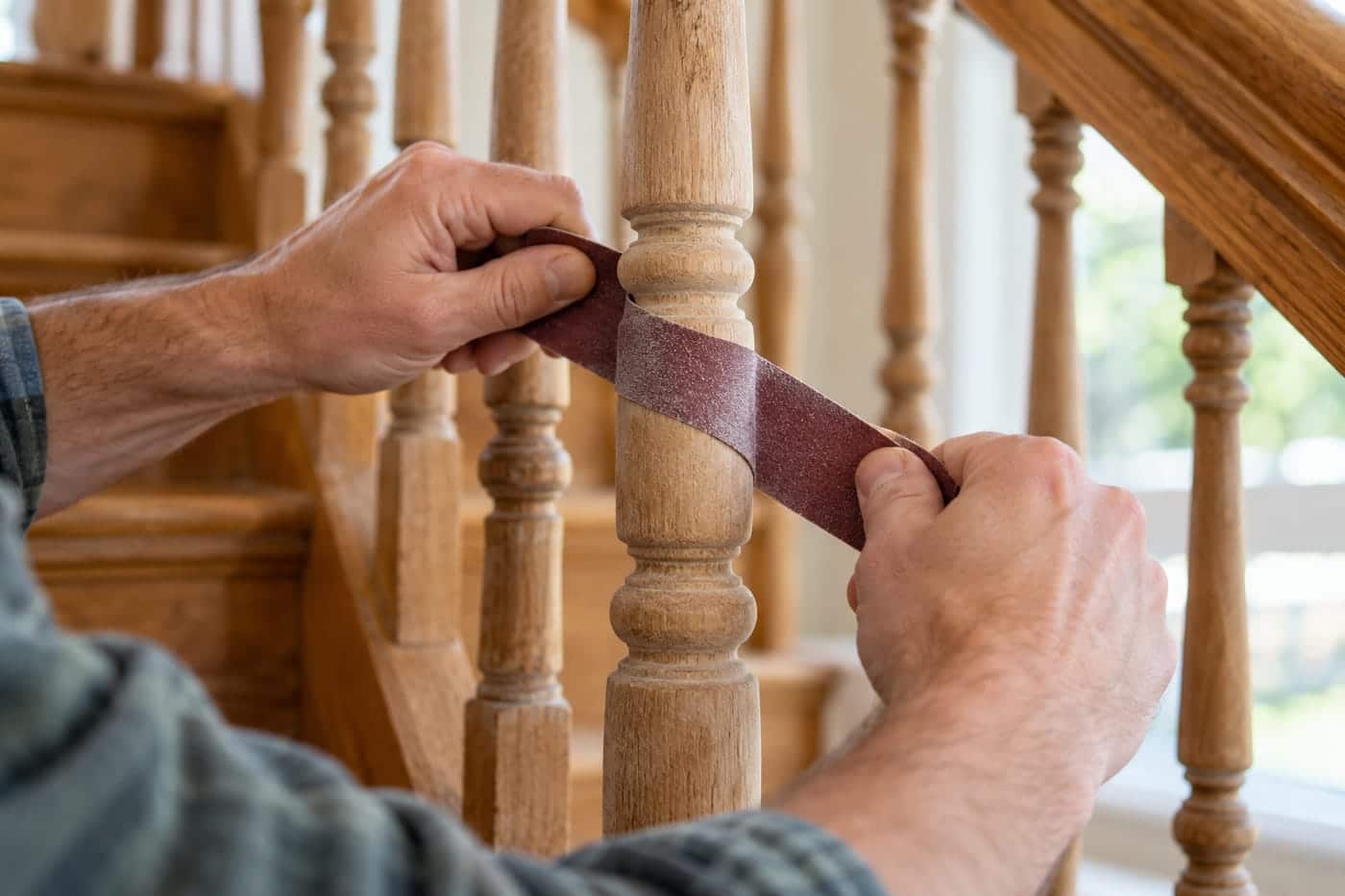 Sanding stair spindles shoe-shine style: two hands pulling a strip of sanding cloth around a turned spindle