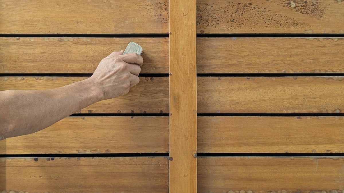 Hand sanding the narrow gaps between wooden slats with a sanding block