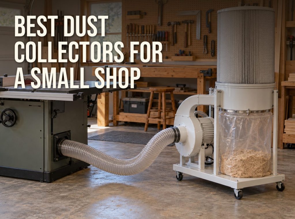 Best dust collectors for a small shop: mobile dust collector with a canister filter connected to a table saw in a garage workshop