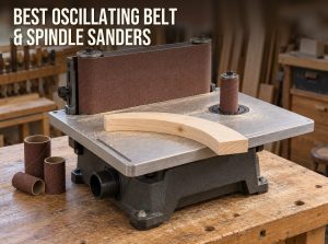 Best oscillating belt and spindle sanders: benchtop sander with a vertical sanding belt and a spindle drum, a curved pine workpiece and spare sleeves