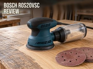 Bosch ROS20VSC review: a teal 5-inch random orbital sander with a dust canister on a half-sanded oak board