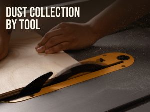 Dust collection for a table saw: sawdust on the table around the blade insert as a board is cut