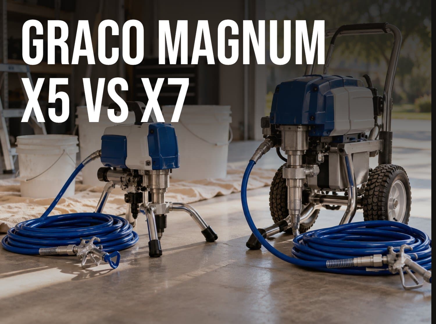 Graco Magnum X5 vs X7 airless paint sprayers side by side, a compact stand model next to a larger cart model in a garage