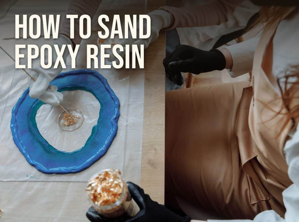 How to sand epoxy resin: gloved hands working gold leaf into a blue epoxy resin pour on a workbench