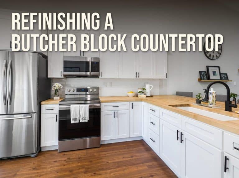 Refinishing a butcher block countertop: a kitchen with light maple butcher block worktops and white cabinets