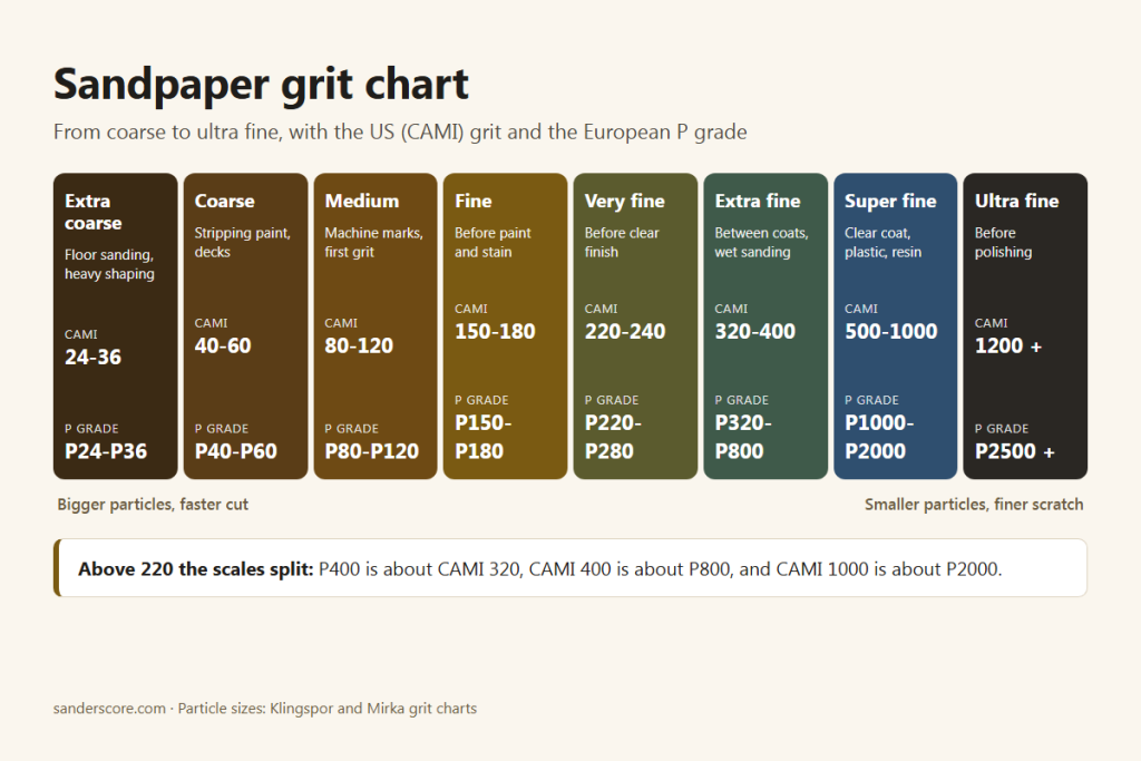 Sandpaper grit chart from extra coarse to ultra fine with CAMI grits and FEPA P grades