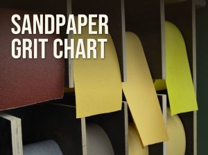 Sandpaper grit chart: rolls of coarse to fine sandpaper grits on a workshop rack