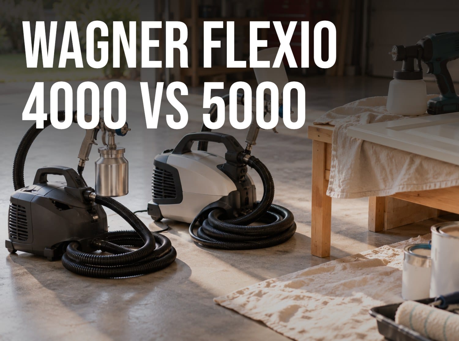 Wagner Flexio 4000 vs 5000 illustration: two stationary HVLP paint sprayers with floor turbines and coiled air hoses, and a handheld sprayer on a bench in a garage